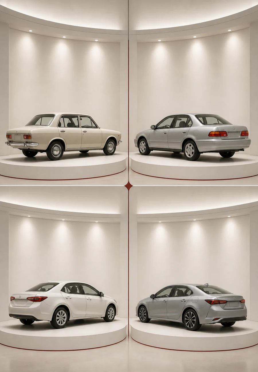 Conceptual compact sedan design eras for Corolla generation guidance