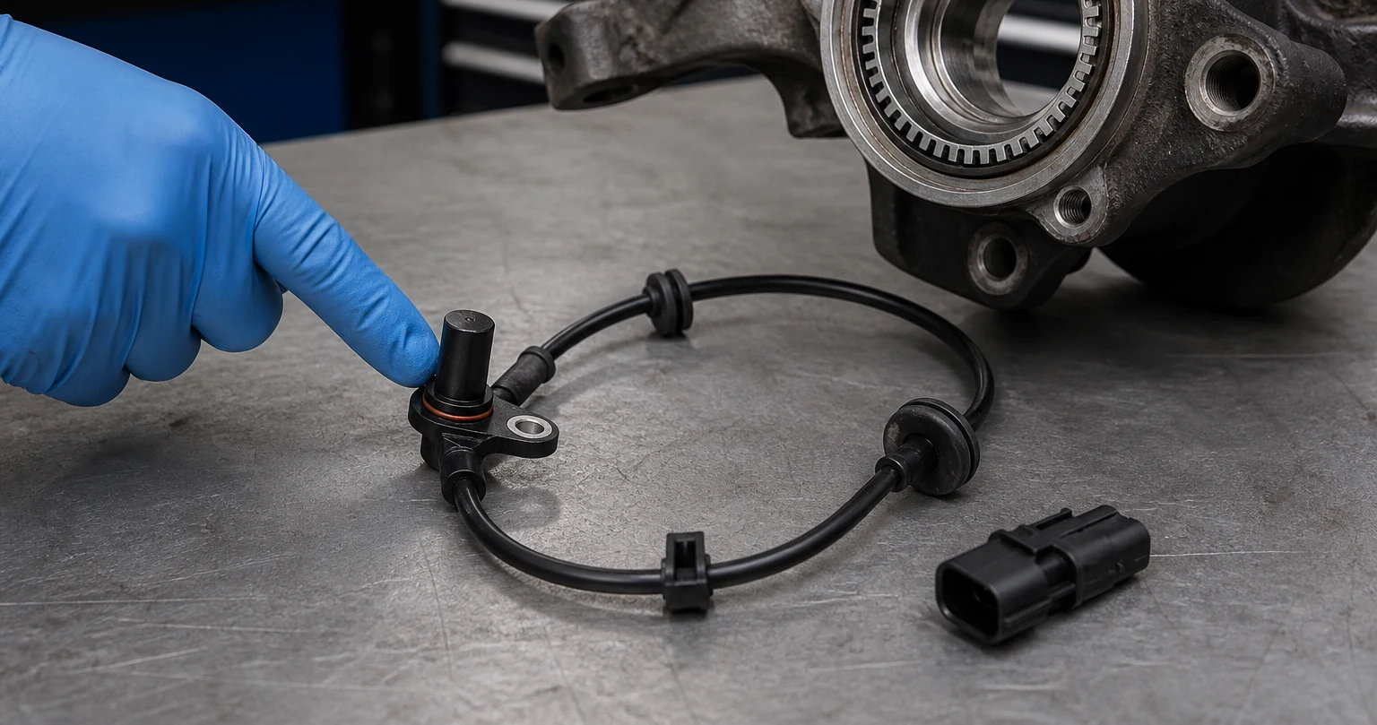 Technician examining an ABS wheel-speed sensor cable and connector beside a wheel hub assembly