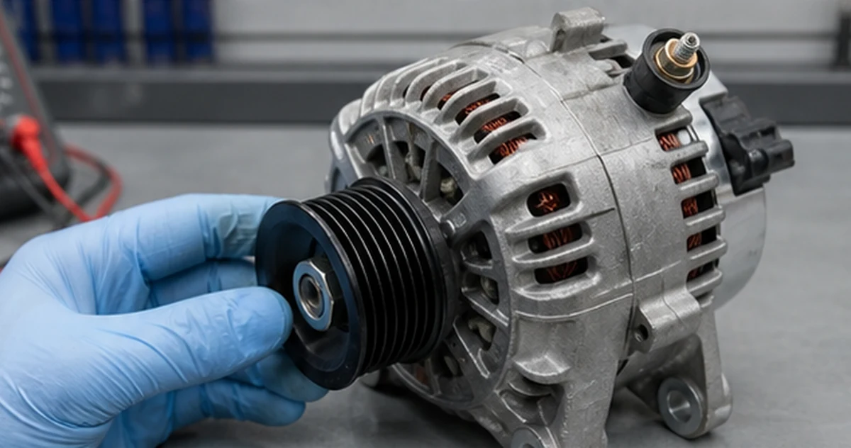 Technician inspecting an automotive alternator pulley, casing, output terminal and electrical connector