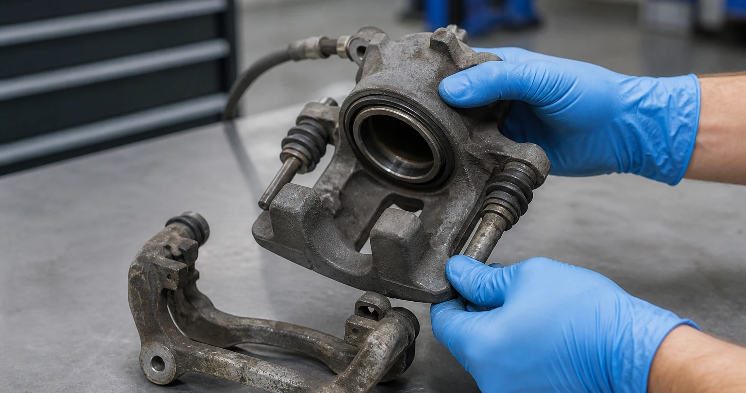 Technician inspecting a removed brake caliper bore and slide pins on a workshop bench