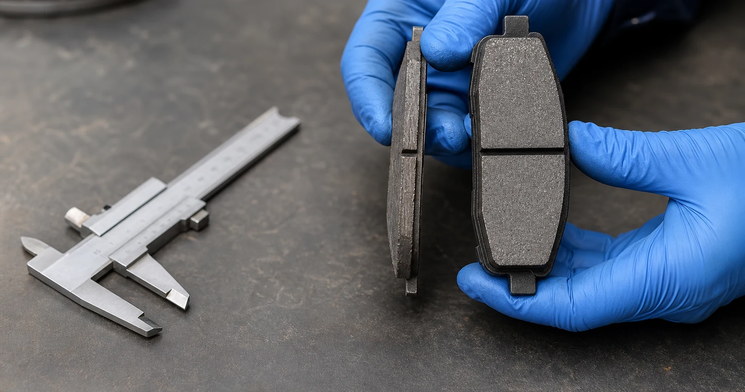 Technician holding removed disc-brake pads while comparing friction material thickness on a workshop bench