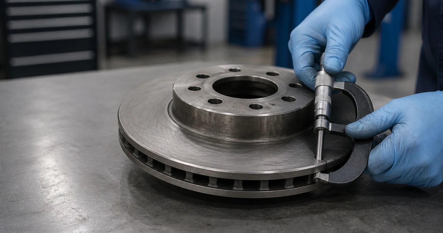 Micrometer measuring the thickness of a ventilated brake disc rotor on a clean workshop bench
