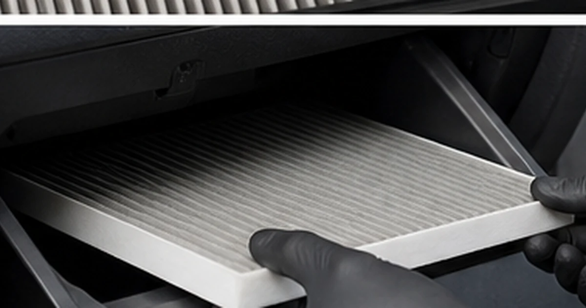 Technician sliding a rectangular cabin air filter into the open HVAC filter slot behind a glovebox