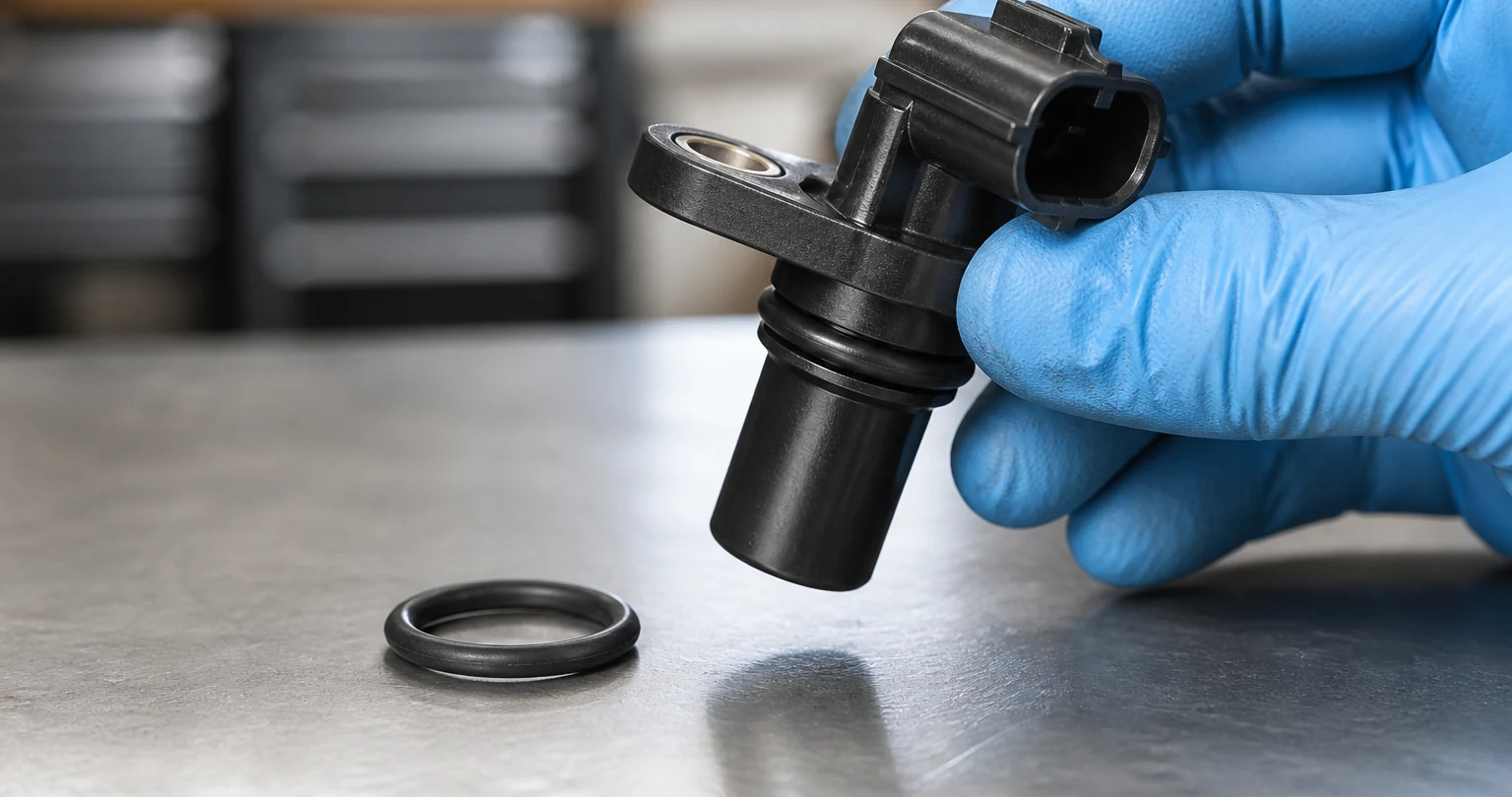 Technician comparing a camshaft position sensor body with its separate sealing O-ring