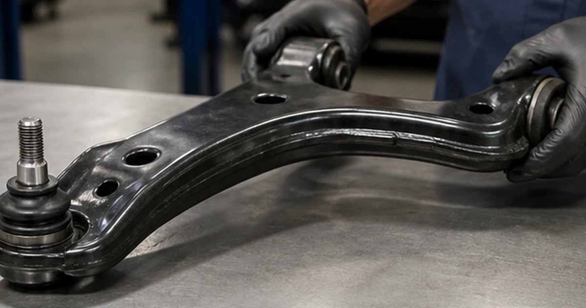 Technician inspecting a front lower control arm with bushings and ball joint plainly visible