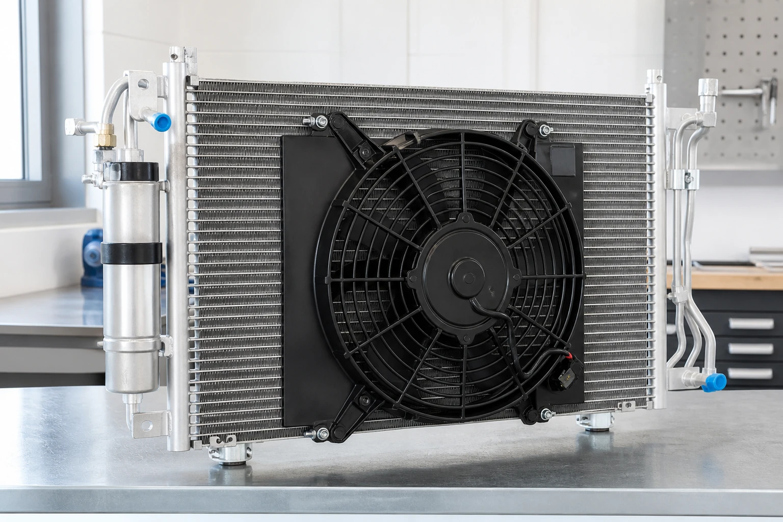 Unbranded automotive air-conditioning condenser and cooling fan assembly in a bright workshop with visible fins, receiver drier and protected pipe fittings