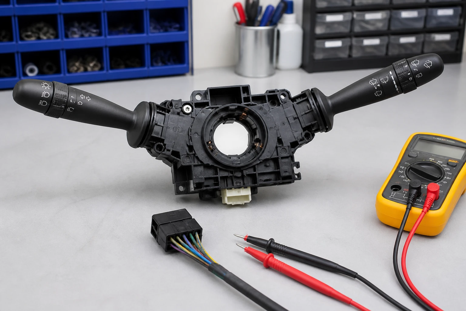Unbranded steering-column combination switch with lighting and wiper stalks on a clean bench beside connector pin diagram tools and test lamp