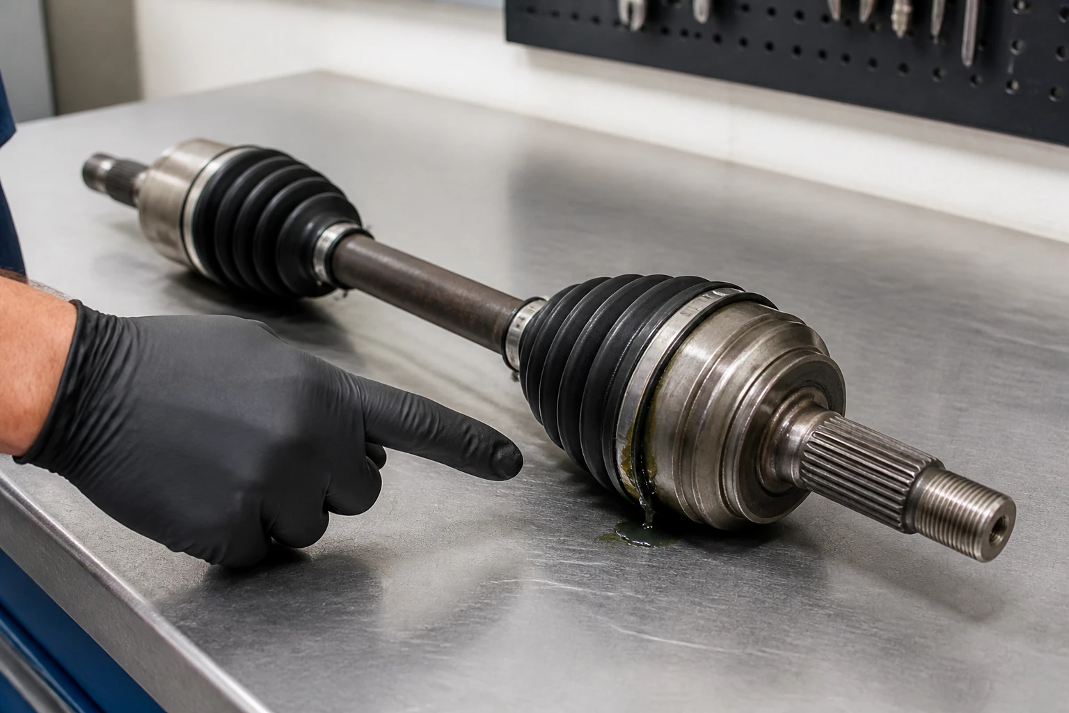 Unbranded front CV axle on a clean workshop bench with inner and outer joints, rubber boots, clamps and a technician inspecting grease leakage