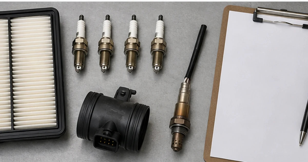Corolla filters, sensors and spark plugs arranged for a practical maintenance review