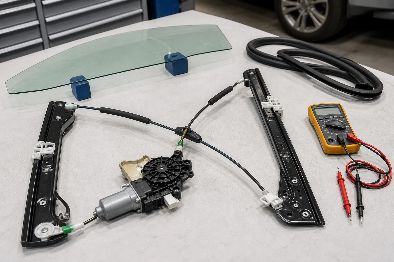 Unbranded cable window regulator with rails and electric motor beside supported door glass, weatherstrip and diagnostic multimeter in a workshop