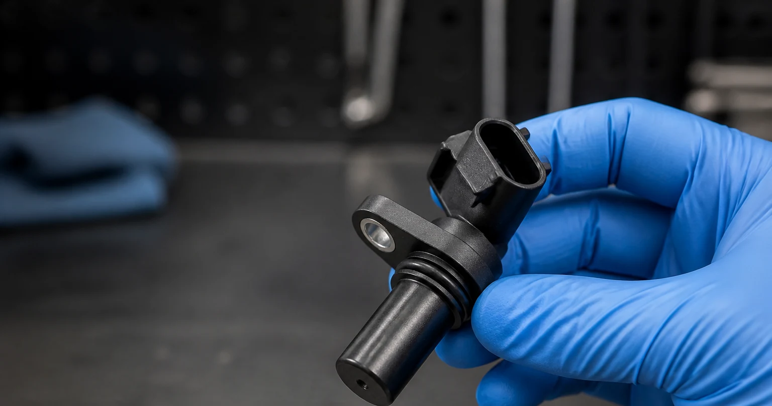 Technician holding a crankshaft position sensor with mounting ear and keyed connector visible