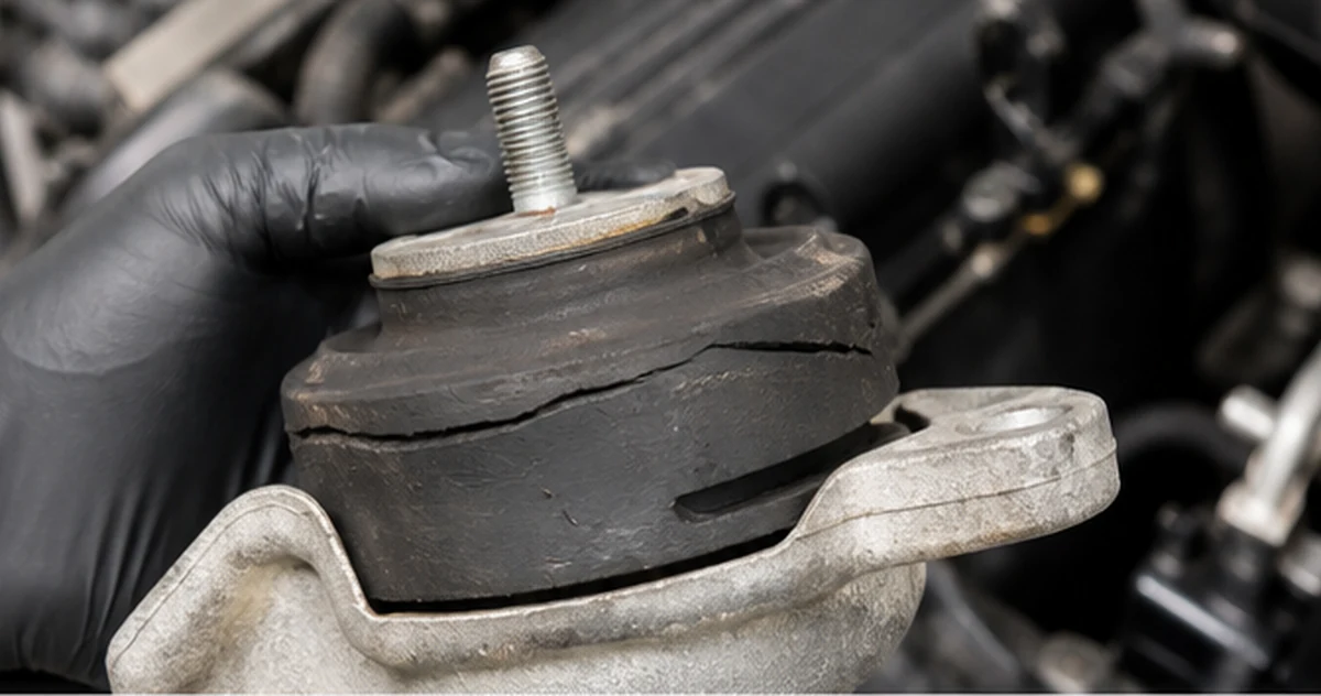 Technician inspecting a cracked rubber-and-metal engine mount removed from a compact passenger car