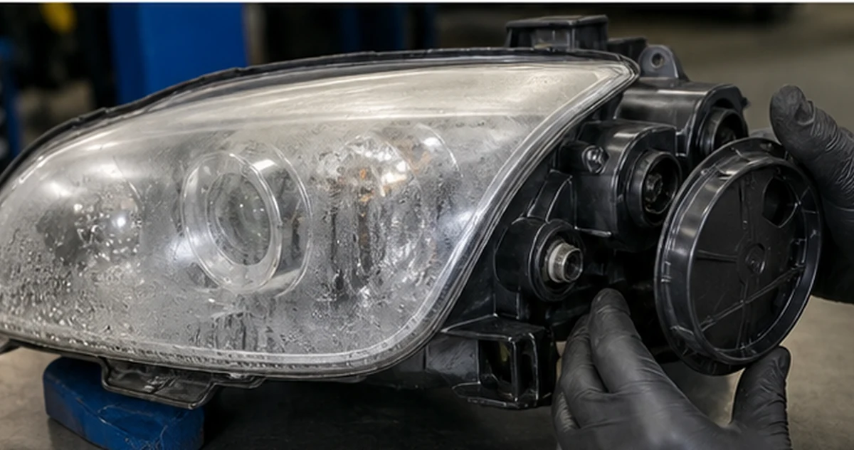 Technician inspecting a headlight assembly with visible condensation and an opened rear service cap