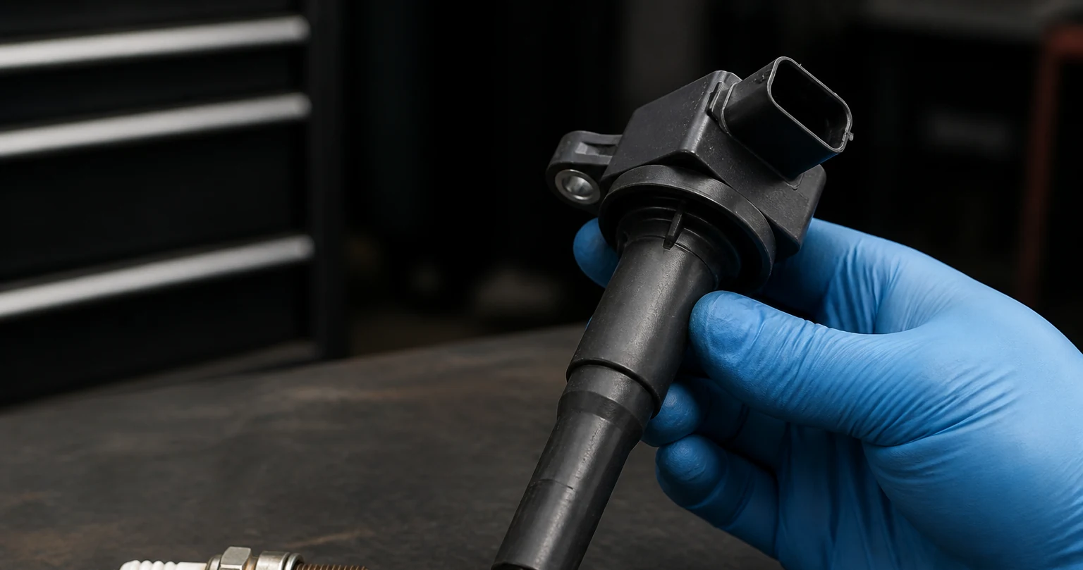 Technician holding a coil-on-plug ignition coil with electrical connector and rubber boot clearly visible