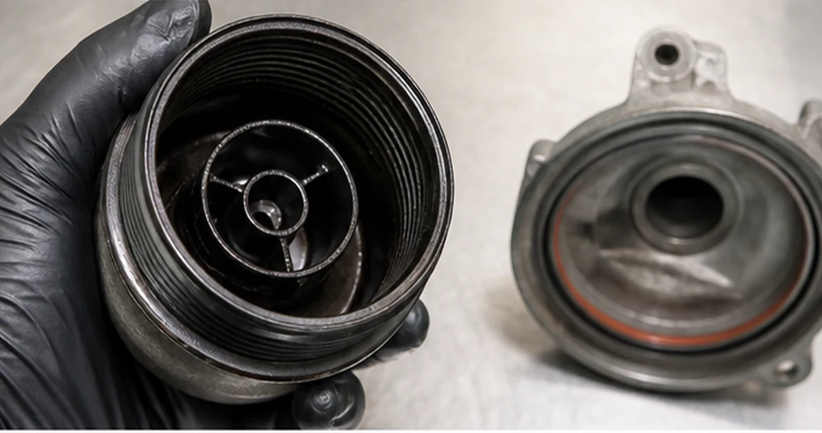 Technician comparing an oil filter housing cap, internal element area and large sealing O-ring