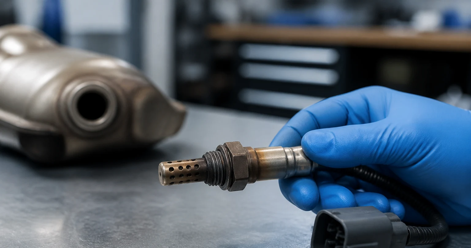 Technician inspecting the threaded body, perforated tip and cable of a removed oxygen sensor