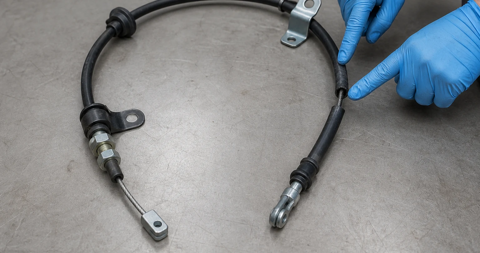 Technician holding a physical parking-brake cable with sheath, adjuster and end fittings visible