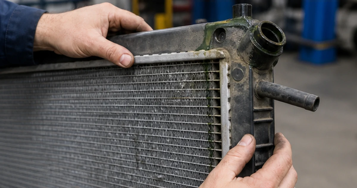 Technician inspecting radiator fins, side tank, hose neck and dried coolant residue