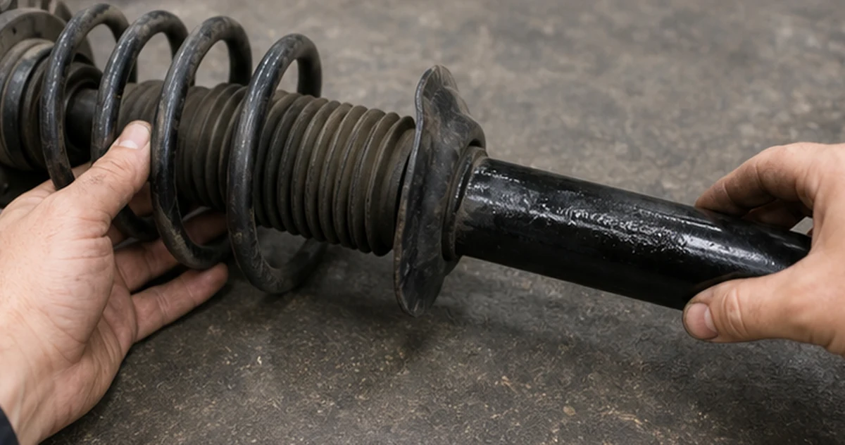 Technician inspecting an assembled strut and shock absorber body for oil leakage and boot damage