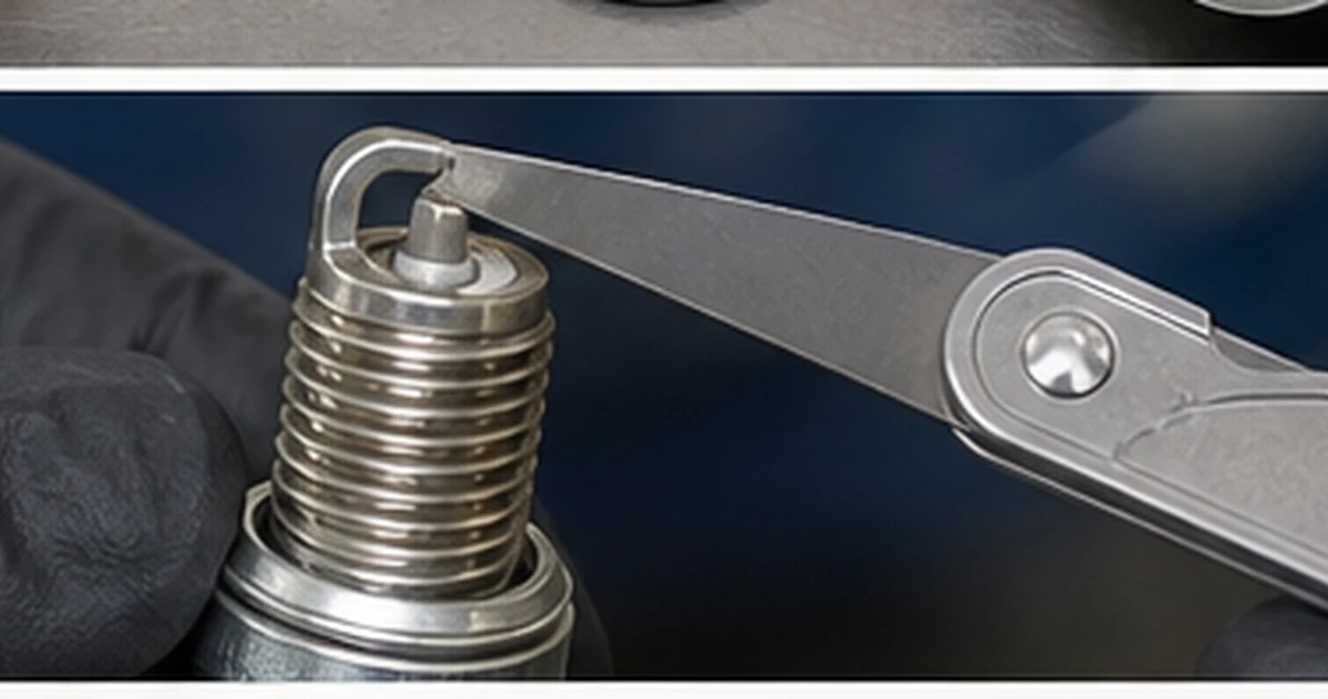 Technician using a gap gauge while inspecting the electrode of a removed spark plug