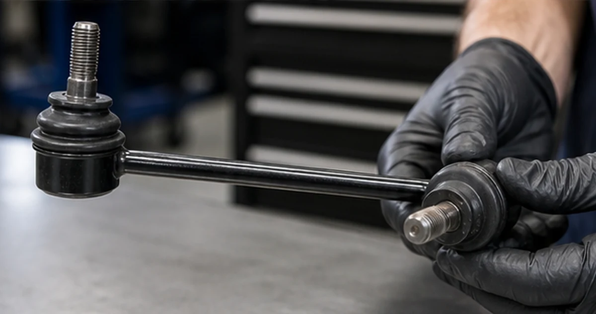 Technician inspecting both ball-joint ends and rubber boots of a stabilizer link rod