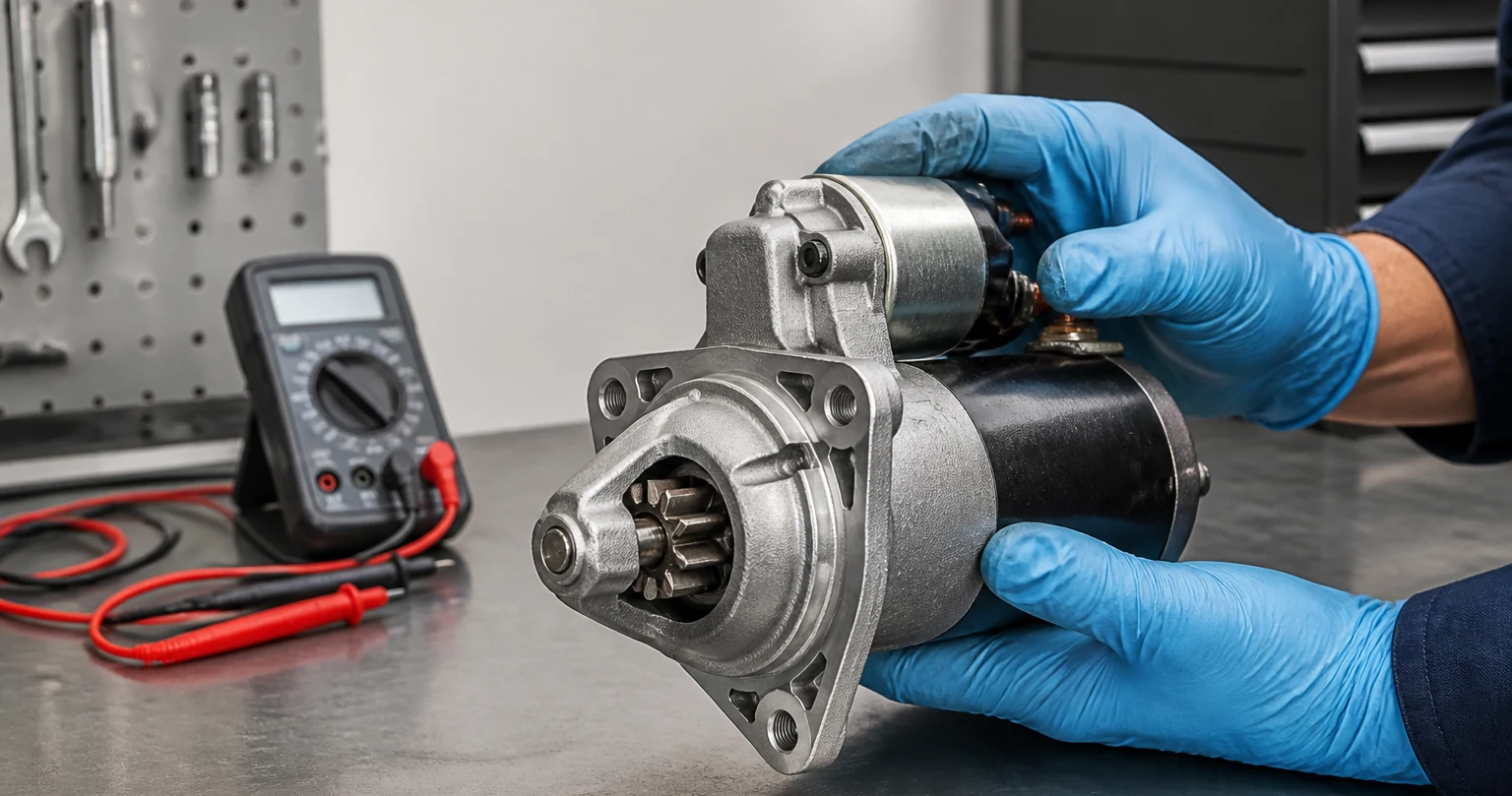 Technician holding a starter motor with solenoid, pinion gear and electrical terminals clearly visible