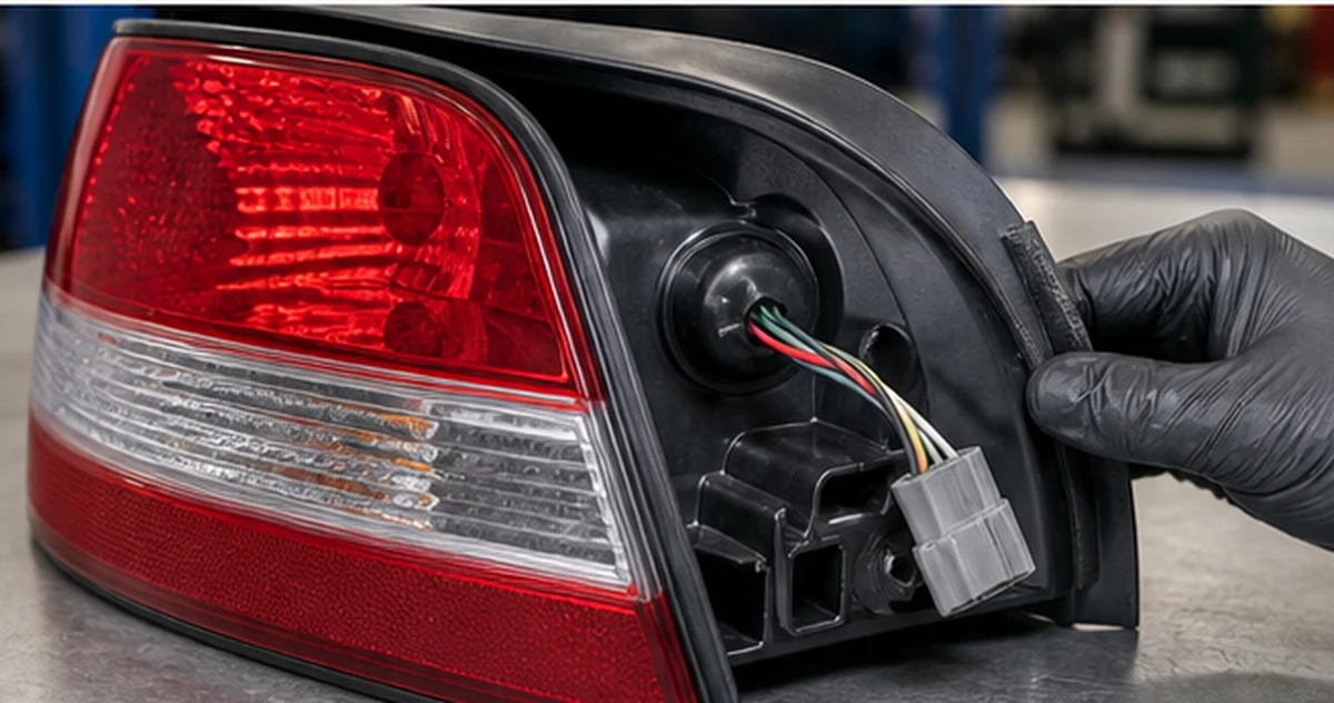 Technician inspecting a physical red and clear tail-light assembly, rear gasket and electrical connector
