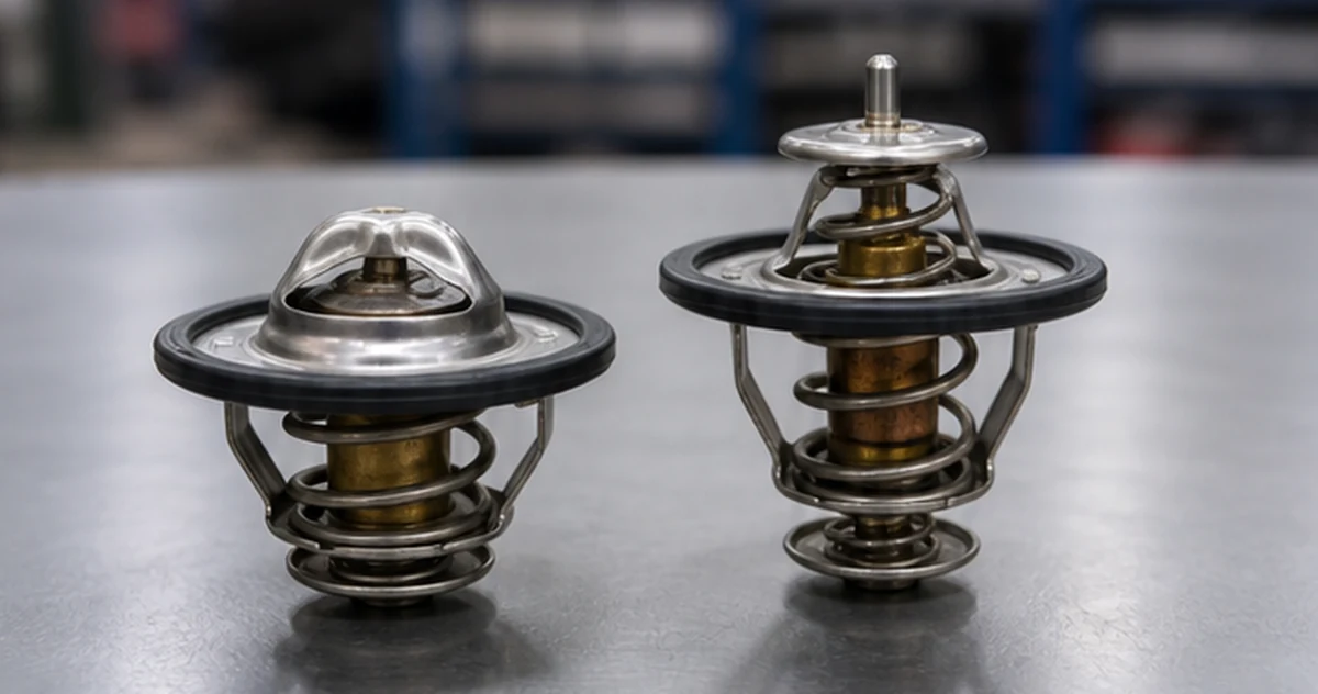 Two physical engine thermostats shown in different mechanical positions on a clean workshop bench