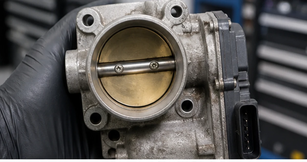 Technician holding a removed electronic throttle body with throttle plate, bore and connector visible