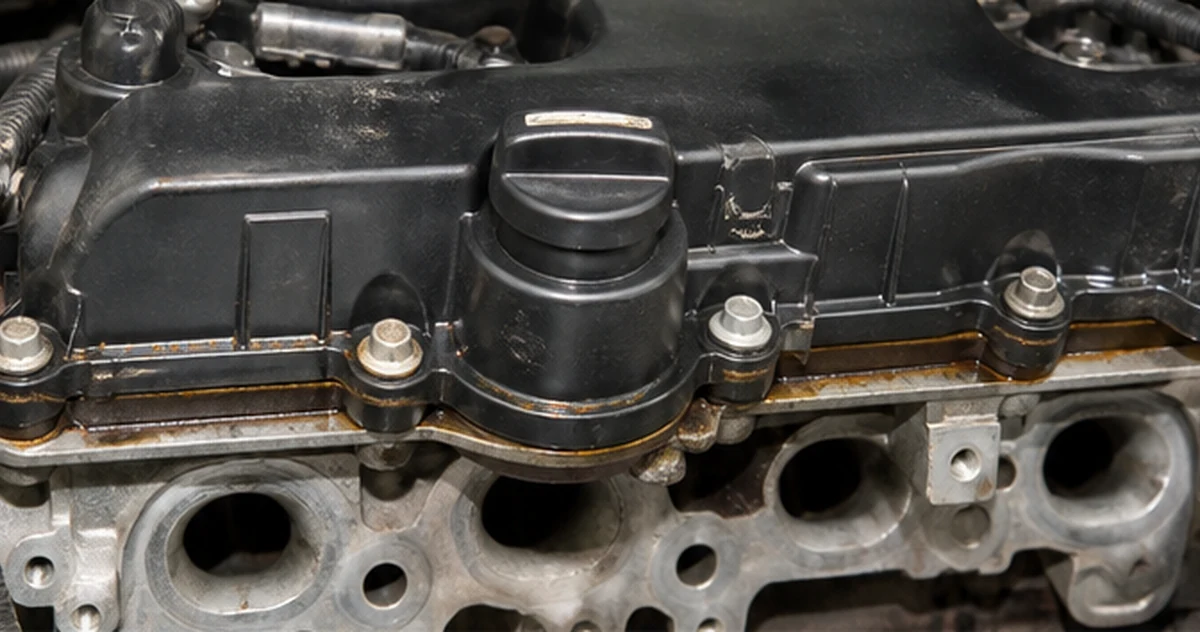 Engine valve cover with visible oil seepage along the gasket joint during a workshop inspection
