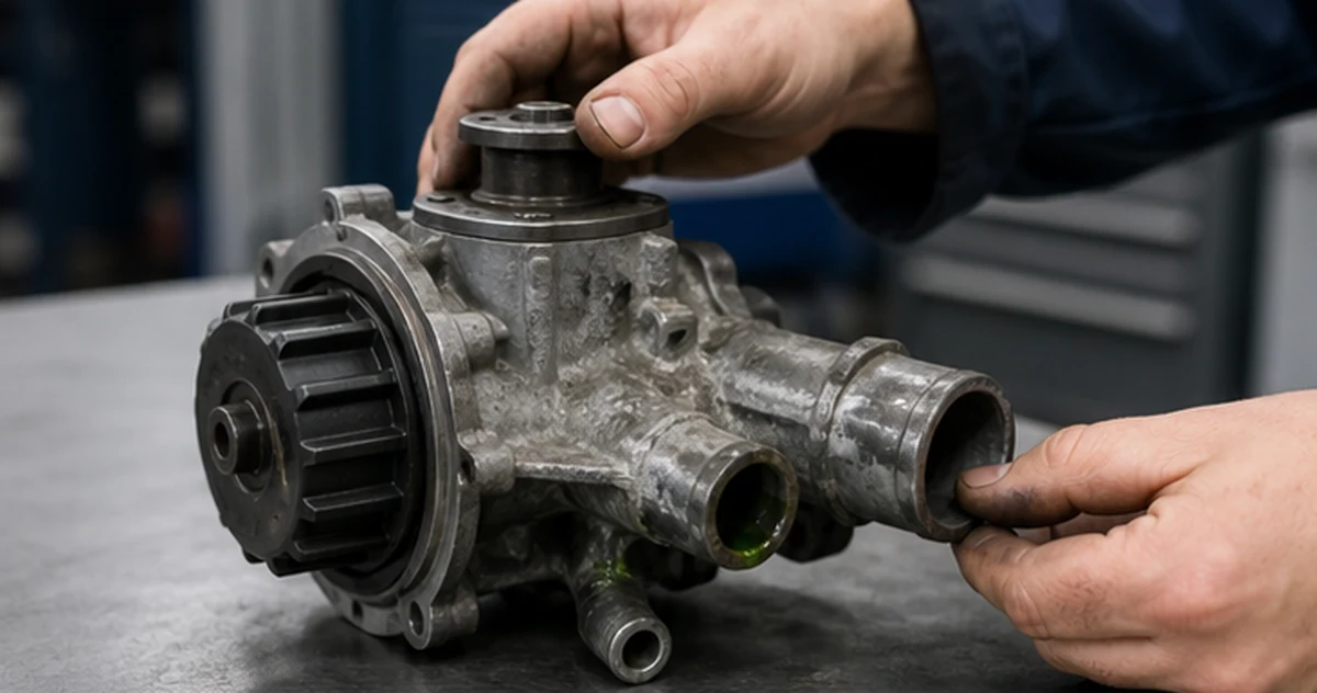 Technician checking a removed mechanical water pump for shaft play and coolant residue