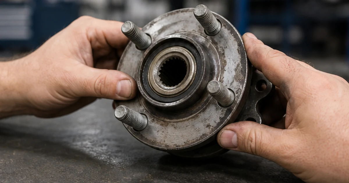 Technician holding a front wheel hub bearing unit with studs, center spline and bearing seal visible