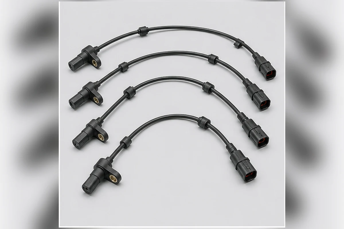 ABS wheel-speed sensors with pickup heads, routed cables, clips and keyed connectors