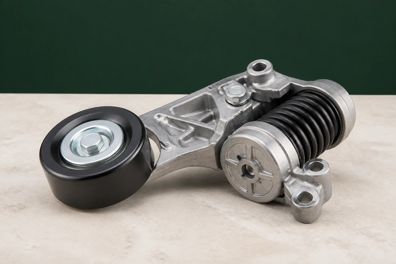 Unbranded automatic accessory belt tensioner with cast arm, smooth pulley, spring housing and mounting bosses