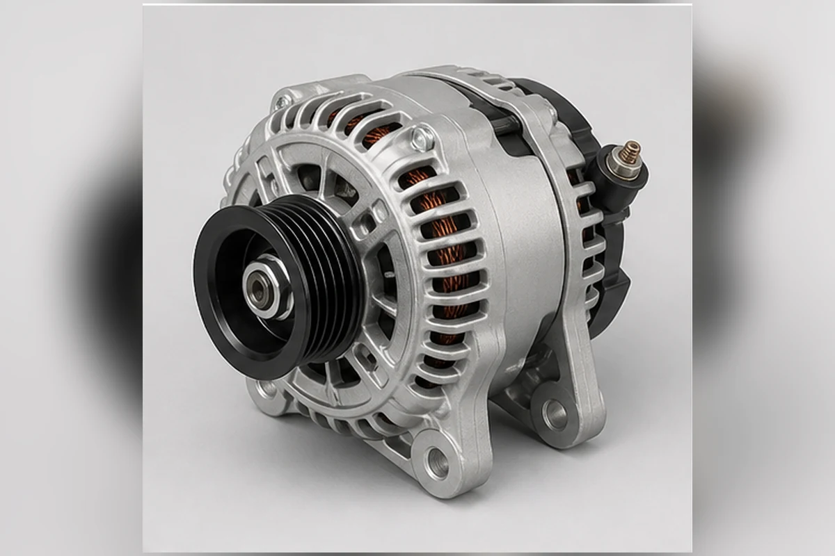 Automotive alternator with vented aluminum housing, ribbed pulley and terminals
