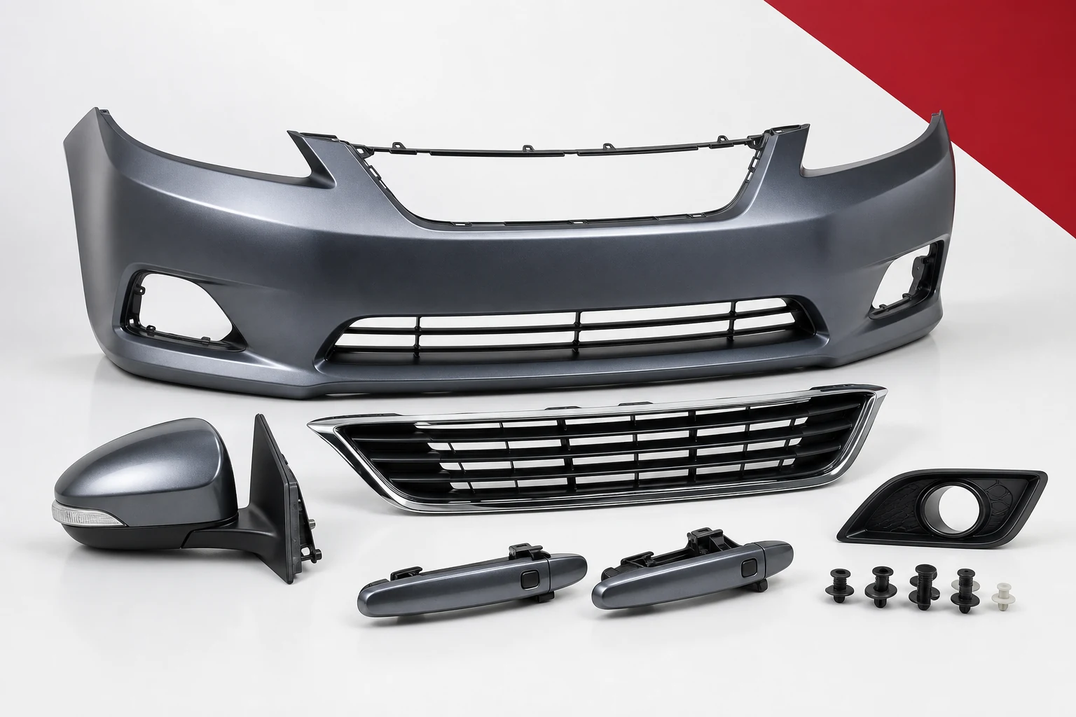 Generic passenger-car body & exterior components arranged for category presentation