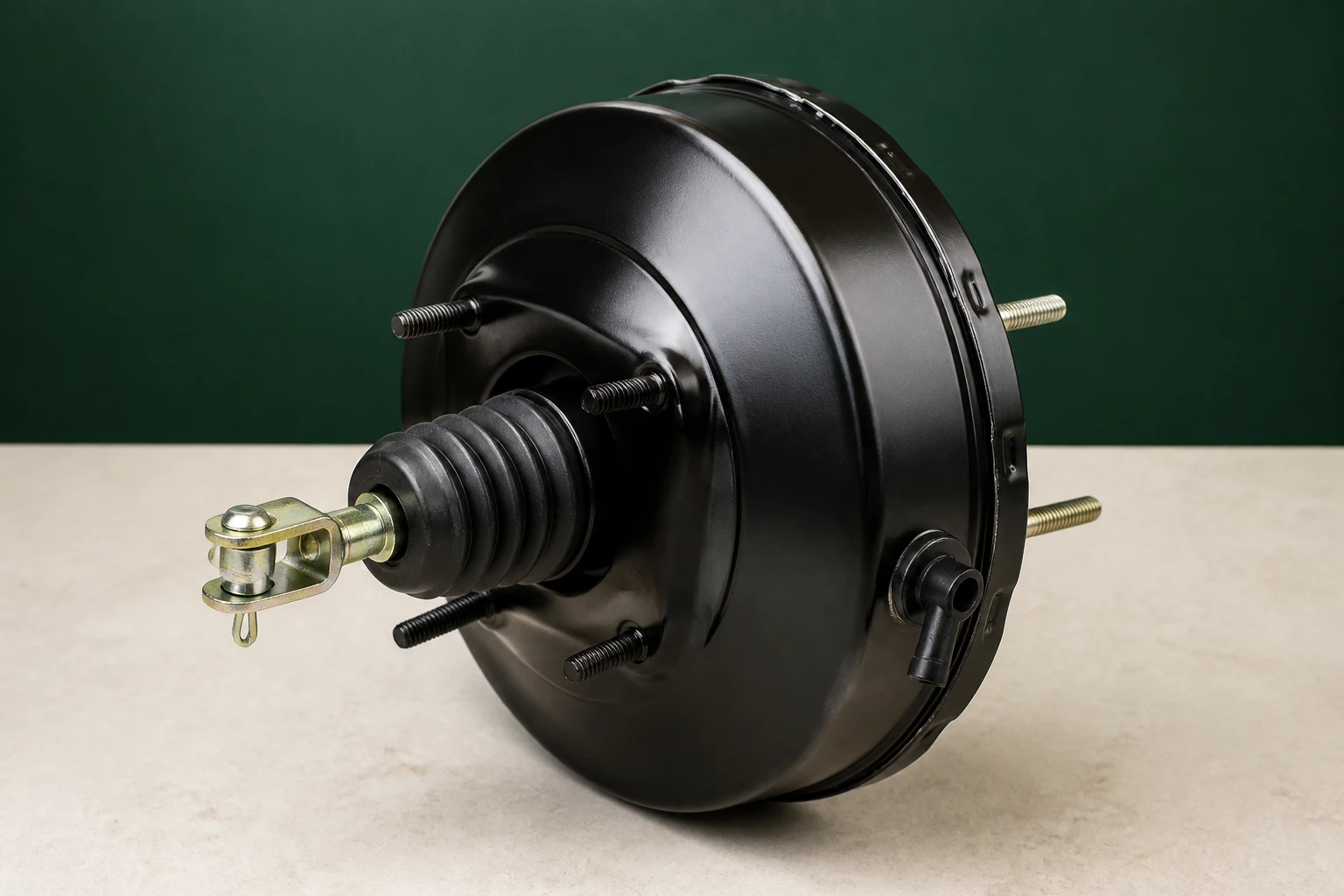 Unbranded round vacuum brake booster with firewall studs, master-cylinder studs, pushrod and check valve