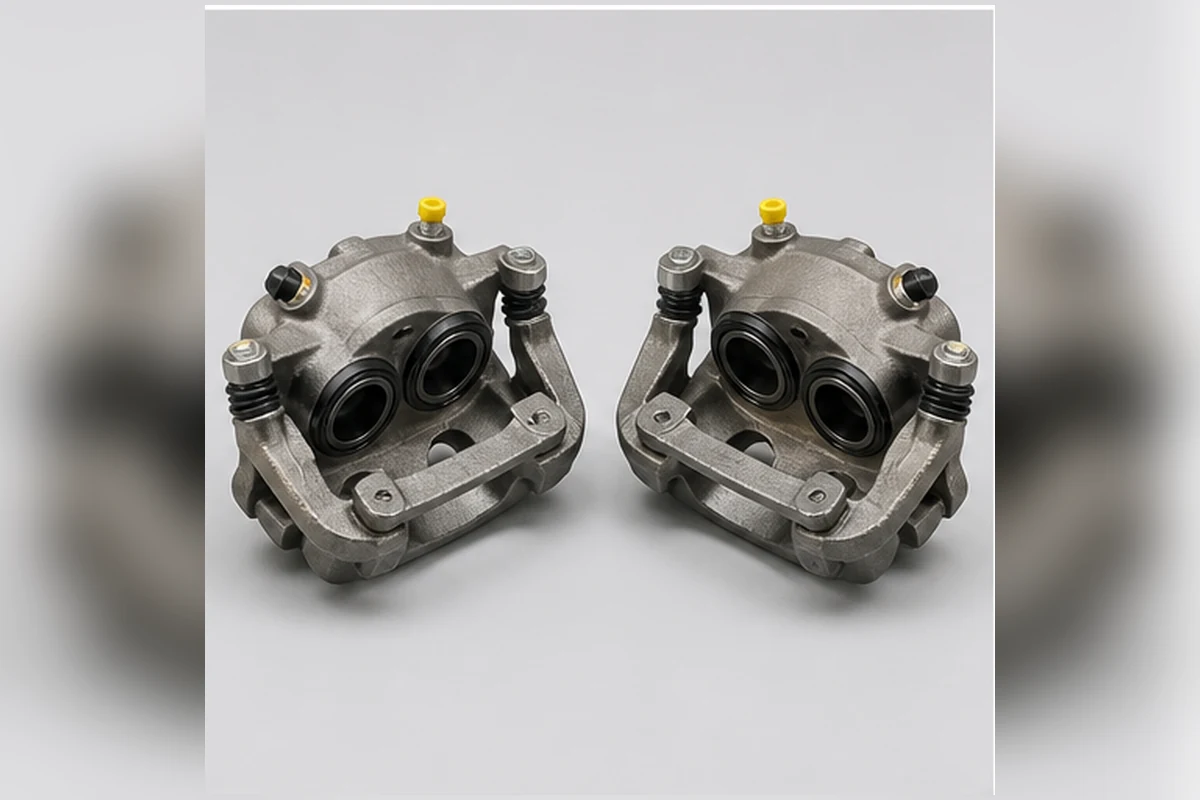 Left and right disc brake calipers with piston housings, carriers and capped ports