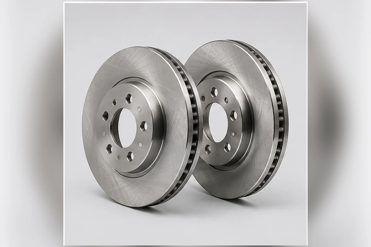 Pair of vented brake discs with machined faces, cooling vanes, center bores and bolt circles