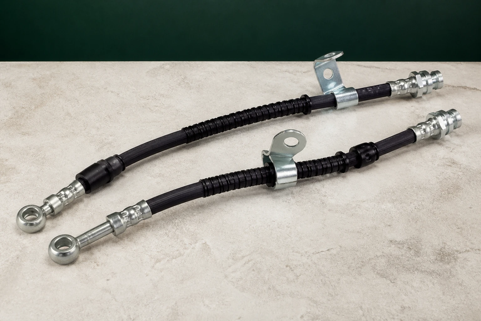 Pair of unbranded flexible brake hoses with crimped metal ends, banjo fittings, brackets and protective sleeves