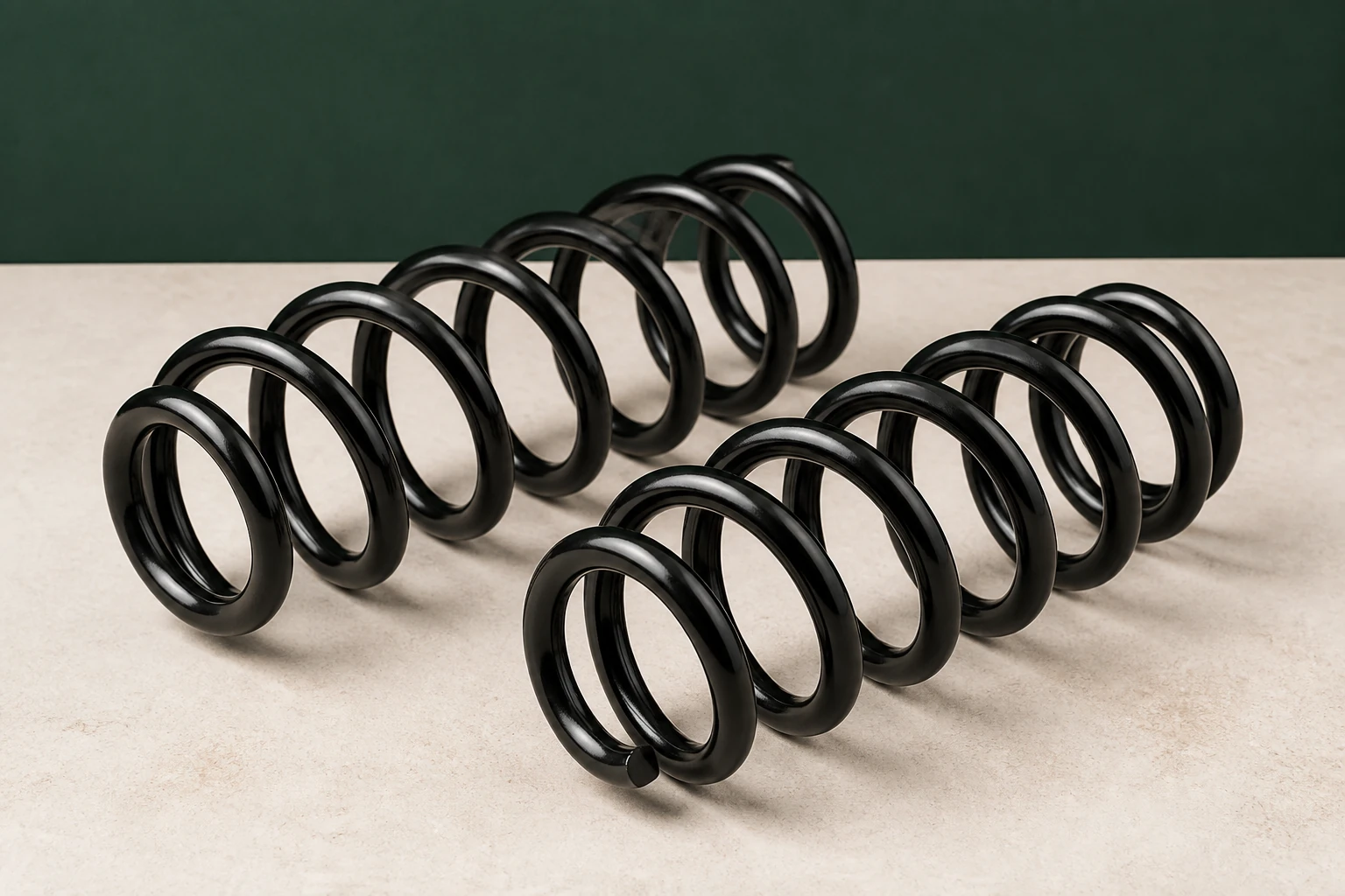 Matched pair of unbranded black steel automotive coil springs with clearly visible end shapes and protective coating
