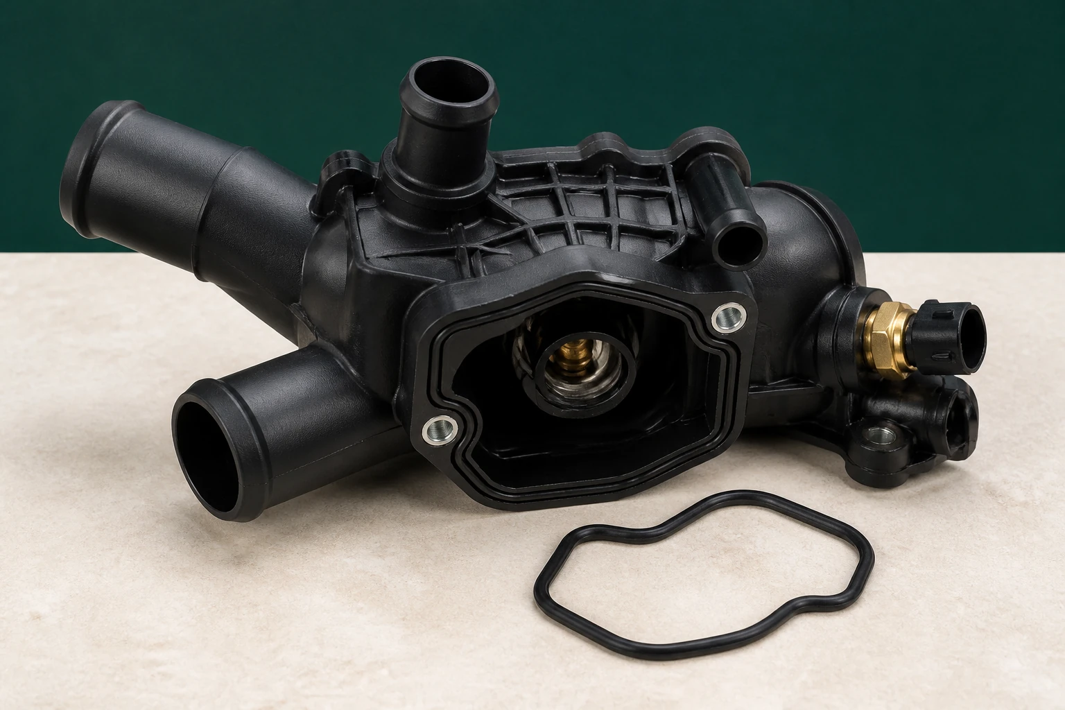 Unbranded molded coolant outlet housing with multiple hose necks, thermostat cavity, sensor port and sealing gasket