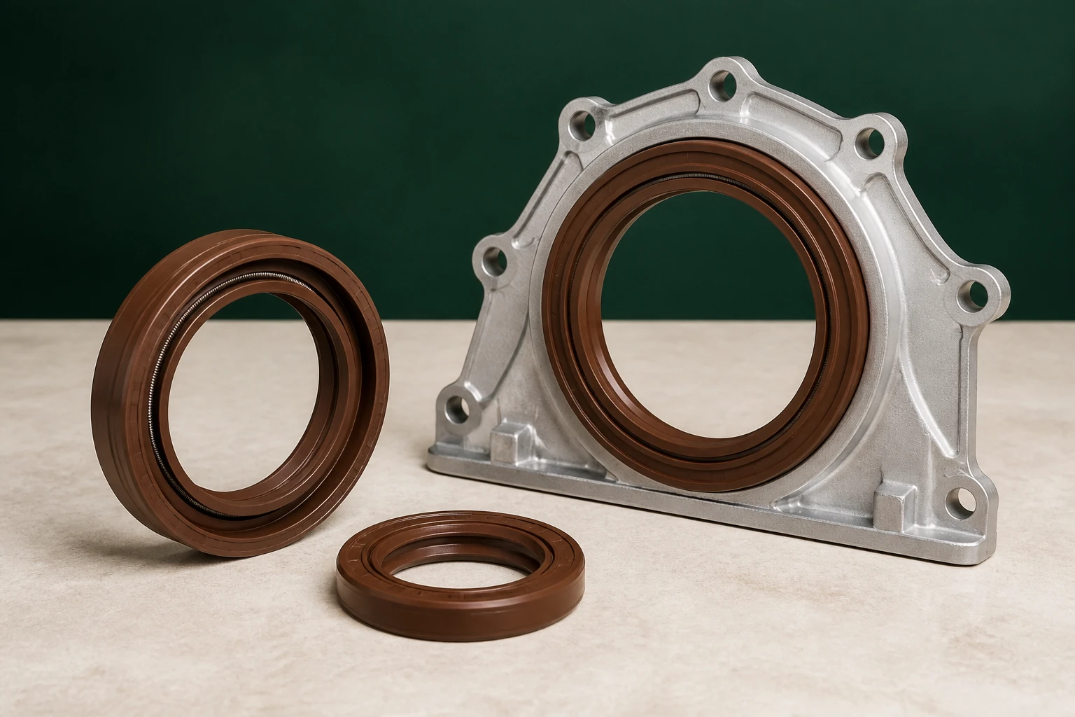 Unbranded front and rear crankshaft oil seals with molded sealing lips and one metal carrier plate