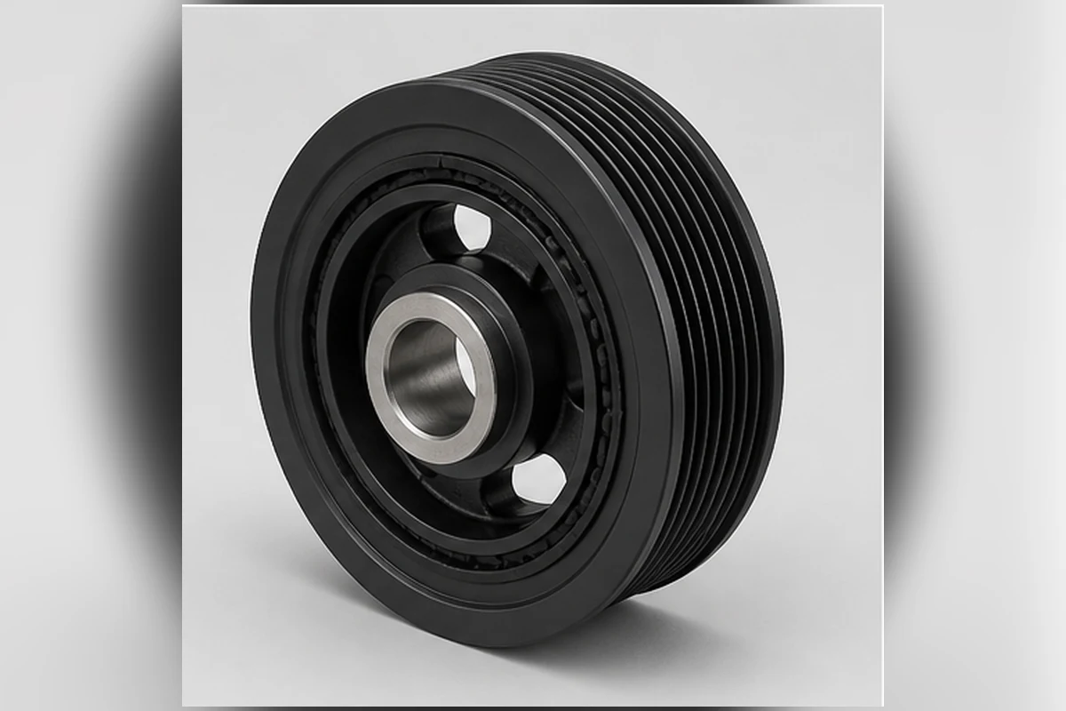 Crankshaft damper pulley with multi-rib grooves, center bore and bonded rubber layer