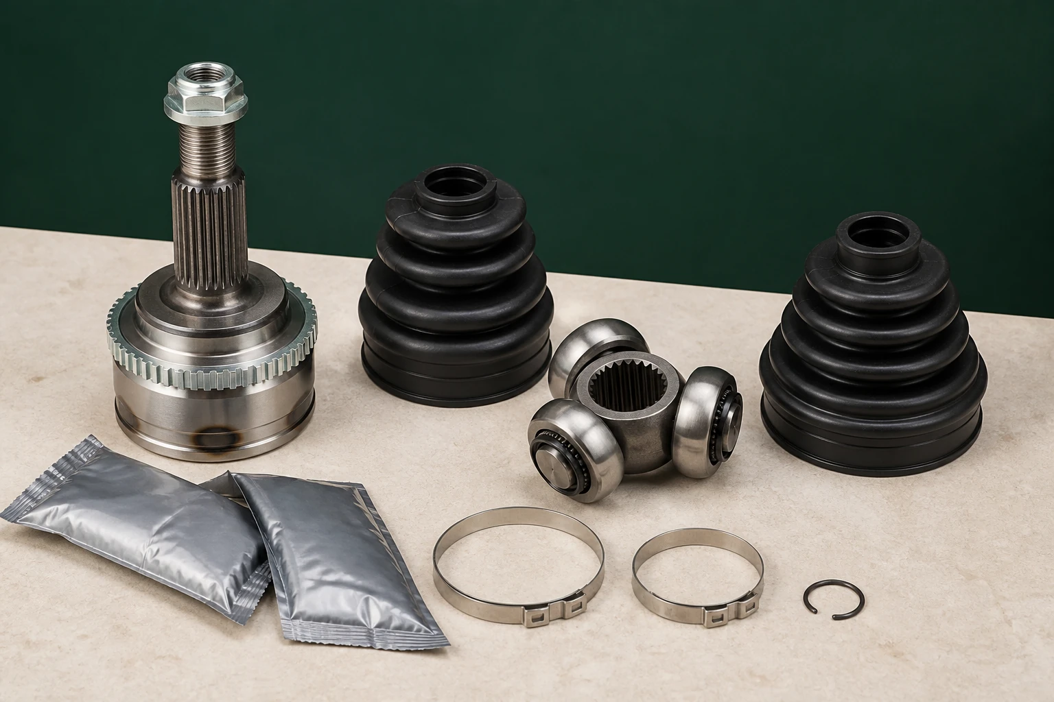 Unbranded outer CV joint and tripod-style inner CV joint with splined ends, rubber boots, grease and clamps