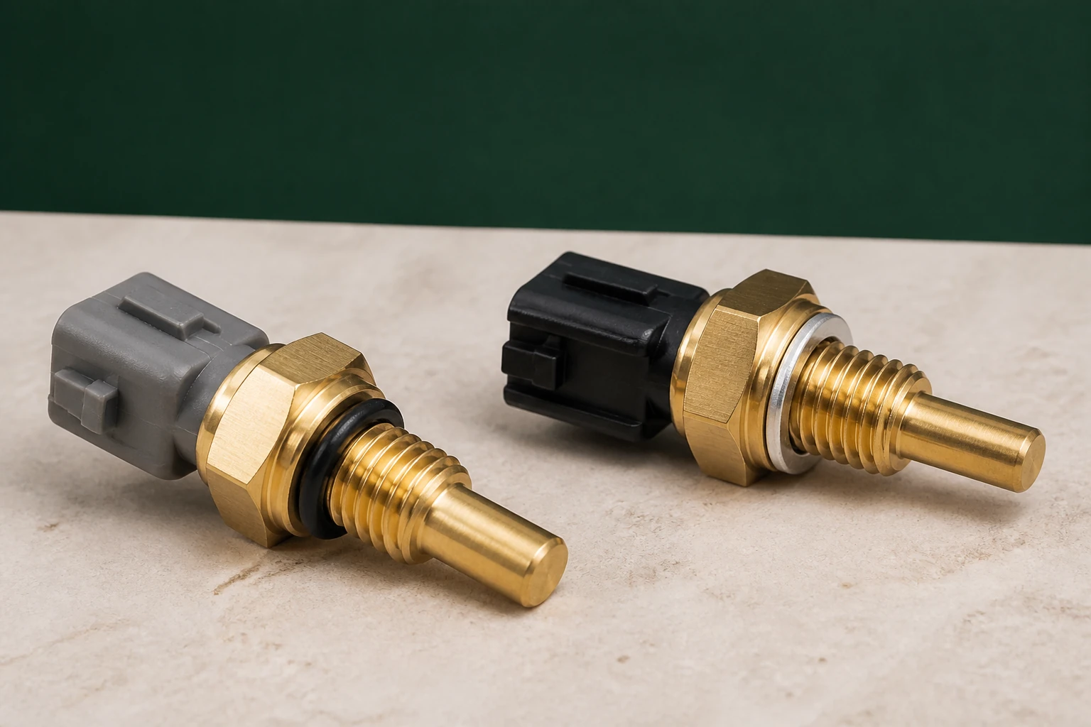 Two unbranded engine coolant temperature sensors with brass threaded bodies, probe tips, seals and keyed connectors