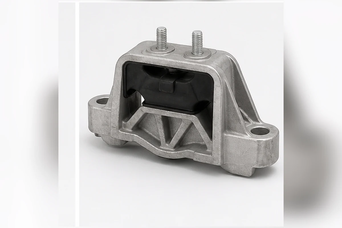 Engine mount with cast carrier, bonded rubber isolator, studs and mounting holes