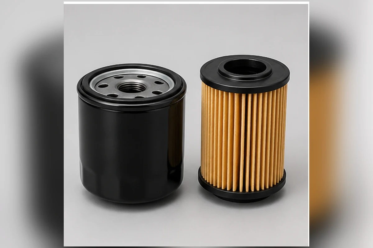 Spin-on oil filter and cartridge filter element showing two Corolla filter architectures