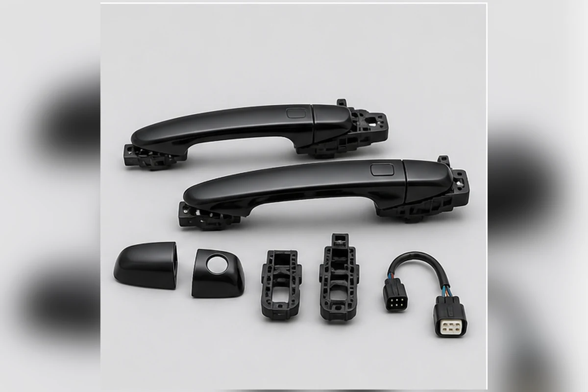 Exterior door-handle set with handles, caps, carriers and passive-entry connectors