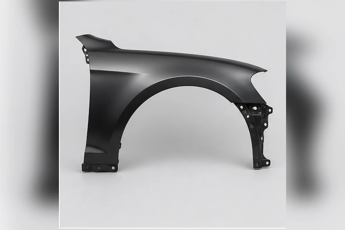 Single steel front fender panel with wheel arch, flange holes and mounting edges